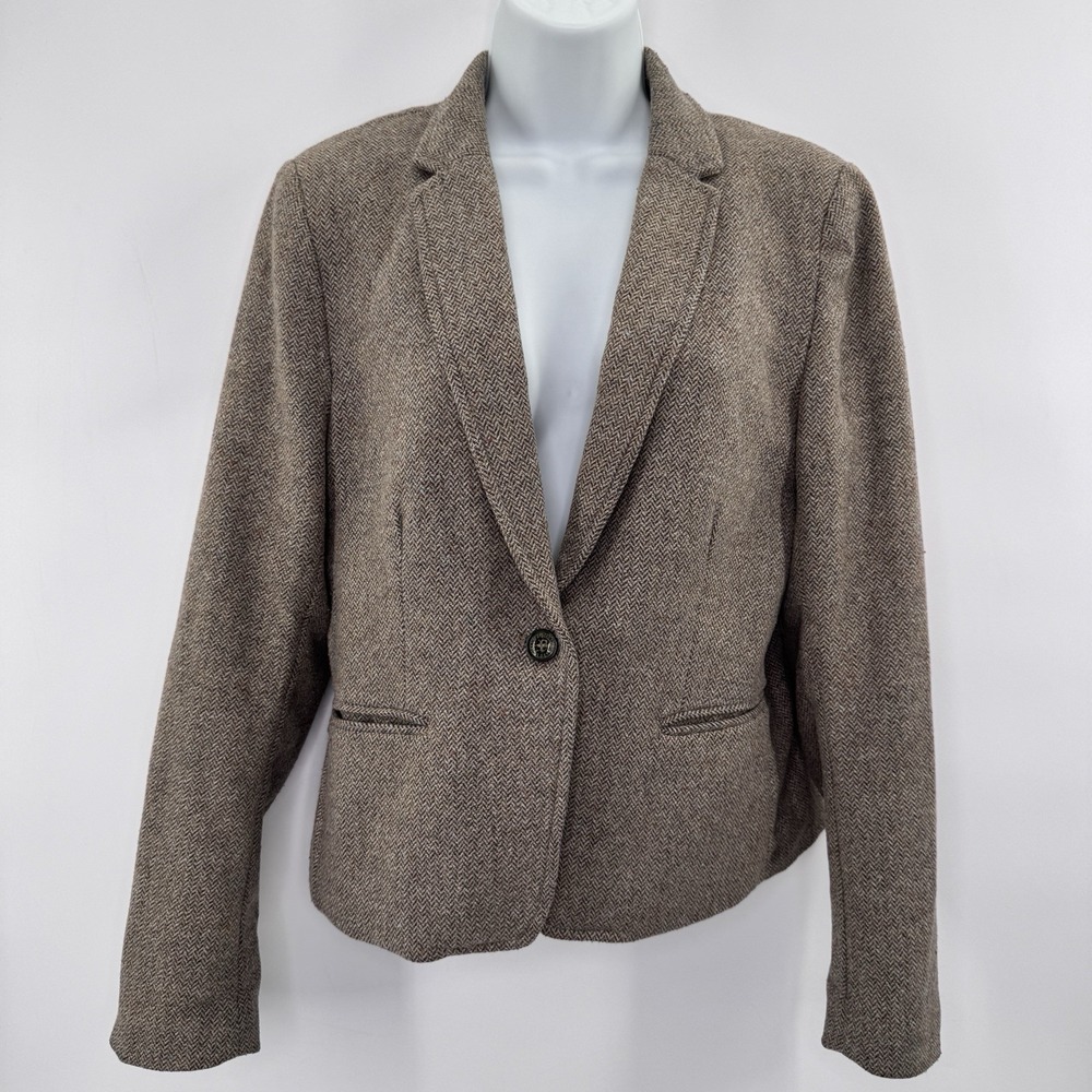 H&M LOGG Blazer 12 Brown Tweed Wool Blend Elbow Patch Jacket Academia Siren